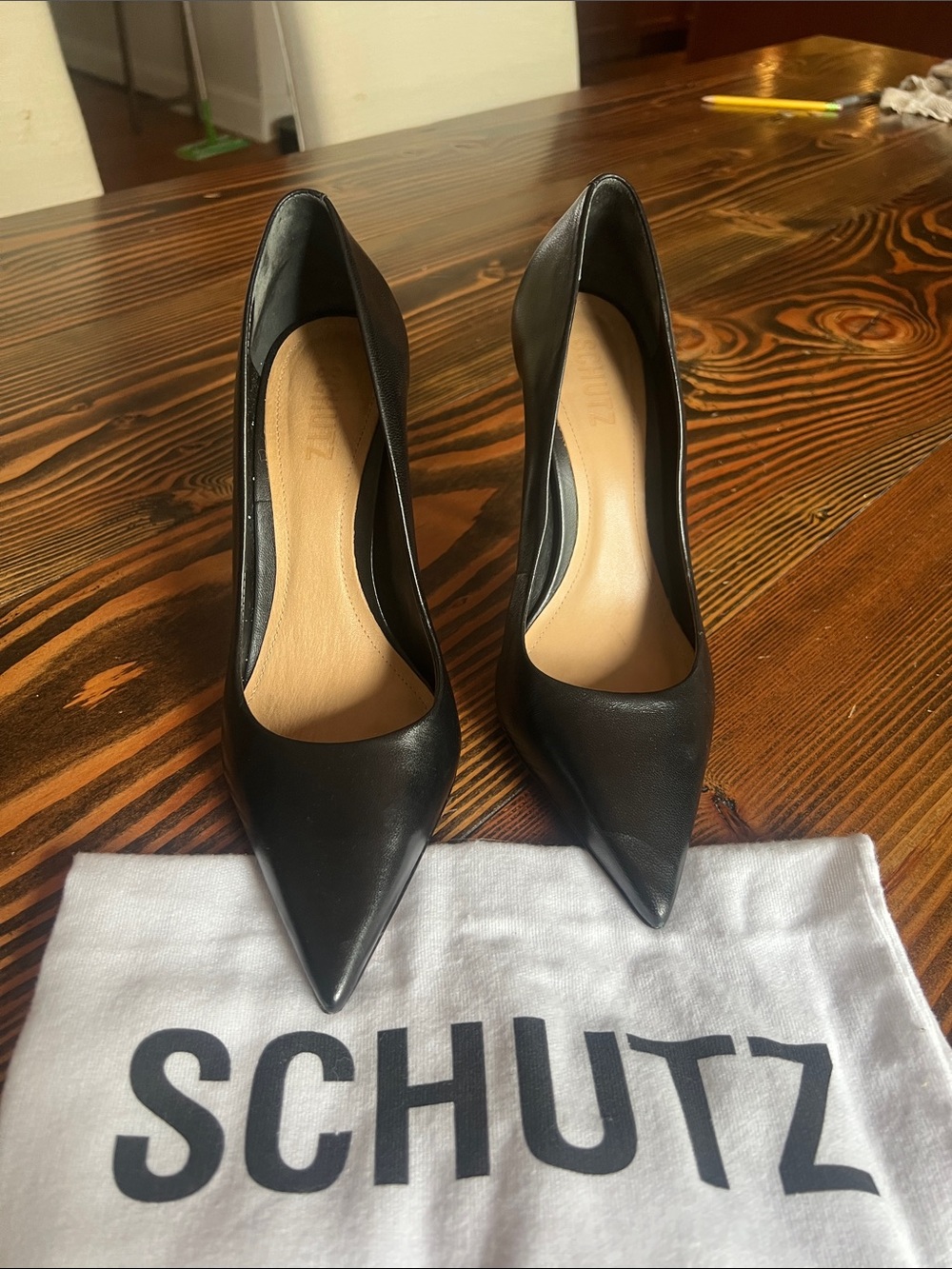 SCHUTZ Black Pointed Leather Stiletto Pumps